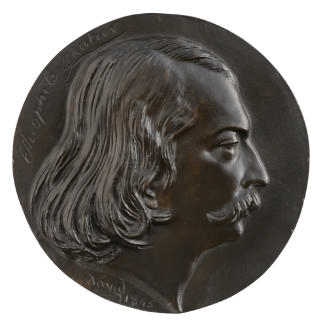Bronze portrait medal of Théophile Gautier, hair shoulder-length, mustachioed
