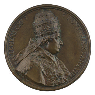 Bronze medal of man in profile to the right wearing a papal tiara and lappets decorated with a …