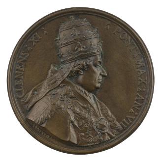 Bronze medal of man in profile to the right wearing a papal tiara and lappets decorated with a …