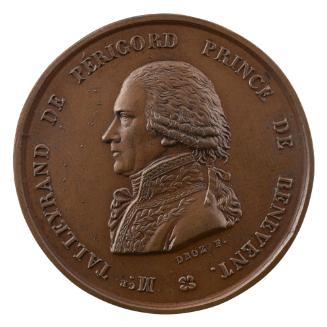 Bronze of a man in profile to the left in a short periwig tied in back with a ribbon, wearing a…