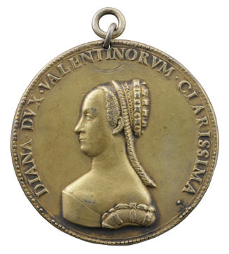 Gilt bronze portrait medal of Diane de Poitiers, Duchesse de Valentinois, hair pinned beneath a…