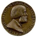 Copper medal of a man in profile wearing a high-necked shirt and doublet