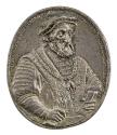 Silver medal of a man wearing a cap and a collar of the Order of the Golden Fleece, holding glo…