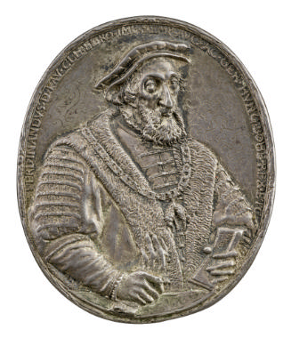 Silver medal of a man wearing a cap and a collar of the Order of the Golden Fleece, holding glo…
