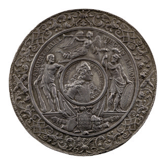 Silver portrait medal of John Churchill, Duke of Marlborough in armor, a ribbon round his breas…