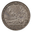 Silver medal depicting the body of a deceased king, crowned and in full armor, lying on a battl…