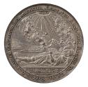 Silver medal depicting the body of a deceased king, crowned and in full armor, lying on a battl…