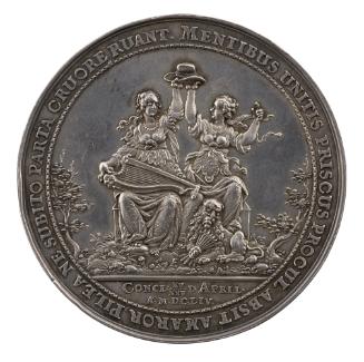 Silver medal depicting the figures of Britannia and Holland seated and facing each other, suppo…