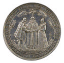 Silver medal depicting a man and a woman holding hands before a figure who pours water over the…