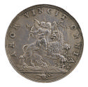 Silver medal depicting cupid embracing another putto while riding on a lion