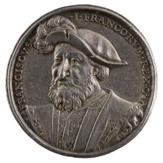 Silver medal of a king in a feathered cap and embroidered robe