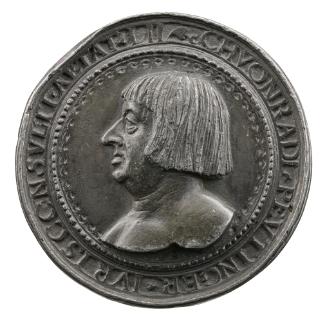 Lead medal of a man in profile to the left