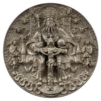 Silver medal of God the Father enthroned, crowned and wearing an embroidered cope