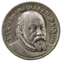 Silver medal of a balding man with mustache and beard, wearing a ruff and facing three quarters…