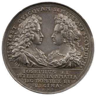 Silver medal depicting the emperor and princess facing each other, the emperor wearing the badg…