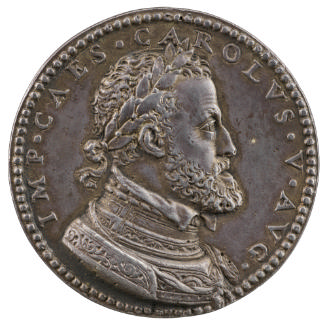 Bronze portrait medal of Charles V laureate, wearing a cuirass and the emblem of the Order of t…