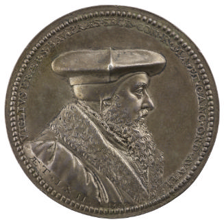 Silver portrait medal of Viglius van Aytta de Zuichem wearing a furred cloak and a biretta over…