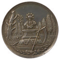 Silver medal depicting a pedestal decorated with a leafy garland, upon which a draped bust of a…