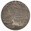 Silver medal depicting, in the foreground, the Amstel river with two boatloads of soldiers; oth…