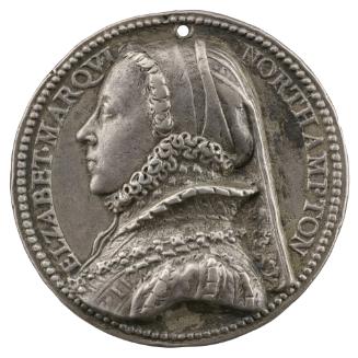 Silver portrait medal of Elizabeth, Marchioness of Northampton wearing a French hood, a brocade…