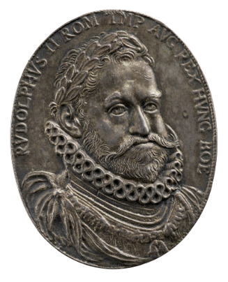 Silver portrait medal of Rudolf II laureate wearing a cuirass, ruff collar, commander’s sash, a…