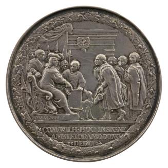 Silver portrait medal of William IV seated on a throne and surrounded by guards with pikes, poi…