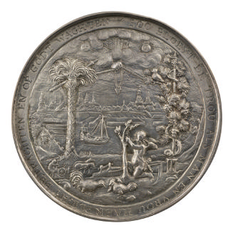 Silver medal depicting, in the foreground, a cock and hen with chicks before the Genius of Time…