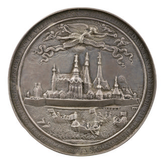 Silver medal depicting the castle of Breda (beside a river with a number of boats and birds flo…