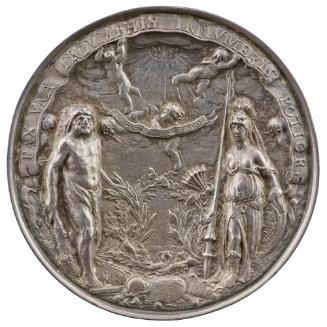 Silver gilt medal of Hercules and Minerva standing on either side of a pile of weapons and armo…