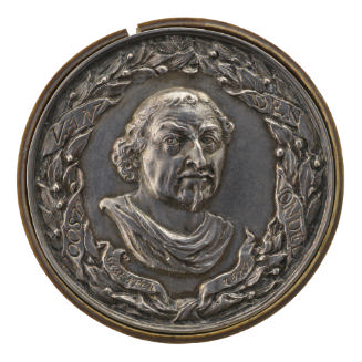 Silver portrait medal of Joost van den Vondel draped, surrounded by a laurel wreath wrapped in …