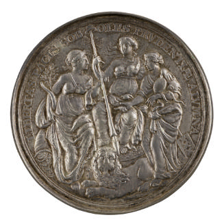 Silver medal depicting a personification of the United Provinces as Liberty, holding a lance wi…