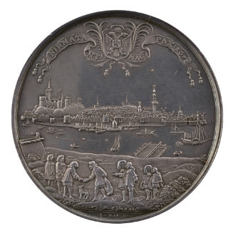 Silver medal depicting, at the top, arms of the city of Nijmegen in front of a banderole. In th…