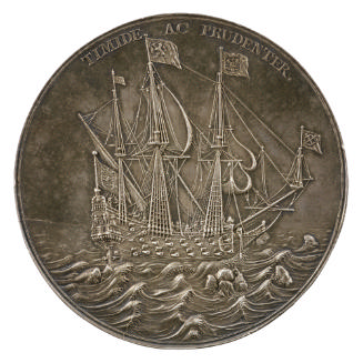 Silver medal depicting a warship bearing the arms of Zeeland, the United Provinces, the Prince …