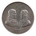 Silver medal of facing portraits of Cornelius de Witt  at left, wearing armor, a lace collar, a…