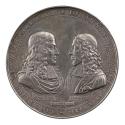 Silver medal of facing portraits of Cornelius de Witt  at left, wearing armor, a lace collar, a…