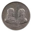 Silver medal of facing portraits of Cornelius de Witt  at left, wearing armor, a lace collar, a…