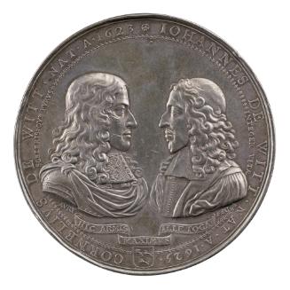 Silver medal of facing portraits of Cornelius de Witt  at left, wearing armor, a lace collar, a…