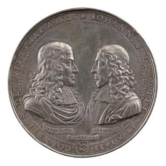 Silver medal of facing portraits of Cornelius de Witt  at left, wearing armor, a lace collar, a…