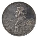 Silver medal depicting a one-legged Saturn holding two cornucopias on his shoulders---one fille…