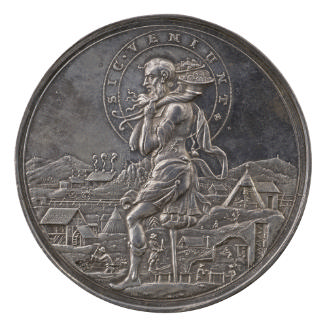 Silver medal depicting a one-legged Saturn holding two cornucopias on his shoulders---one fille…