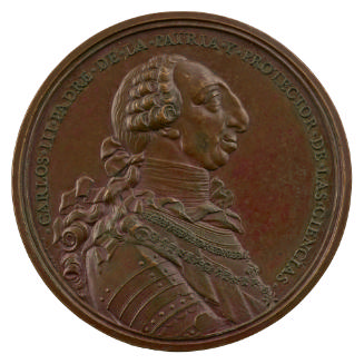Bronze medal of a man in profile to the right sitter in a wig tied with a ribbon, wearing armor…