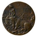 Bronze medal depicting a recumbent unicorn resting with his head in the lap of a seated woman w…