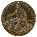 Bronze portrait medal of Galeazzo Marescotti wearing long robes, seated, in a landscape