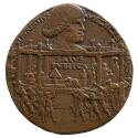 Bronze medal of the head of a man in profile to the right above a raised octagonal platform wit…