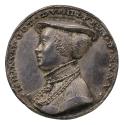 Silver portrait medal of Magdalena Staiber wearing a high-collared dress with a hat, three neck…