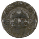 Lead medal of three merged faces of a young boy from slightly different angles