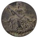 Bronze medal of a large figure wearing armor standing in front of two elephants in profile to t…