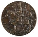 Bronze medal of a man wearing armor and a round hat, carrying a staff in his right hand, with a…