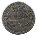 Lead medal of men on horseback on a bridge with a Latin inscription and swaths of drapery above…