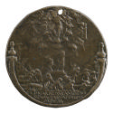 Bronze medal of what appears to be a scene of the Last Judgement with figures rising up out of …